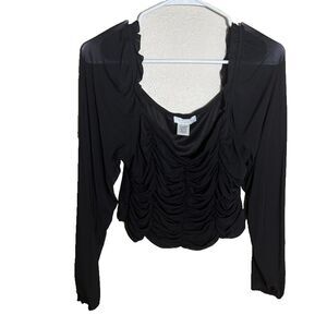 Kirious Blouse Women's Large Black Cropped Ruched Long Sleeve Top Casual